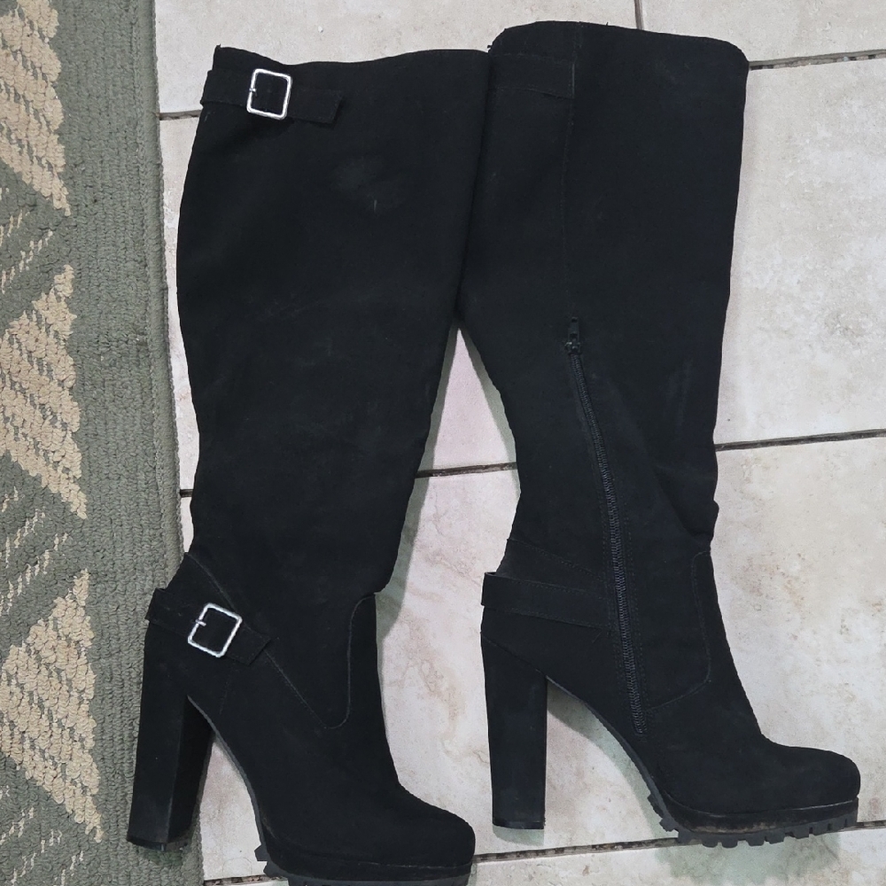 Women's Black Suede High Heel Knee Boots with Buckle Detail